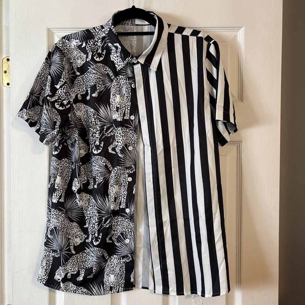 short-sleeve button-down shirt black-and-white leopard print  stripes SZ S